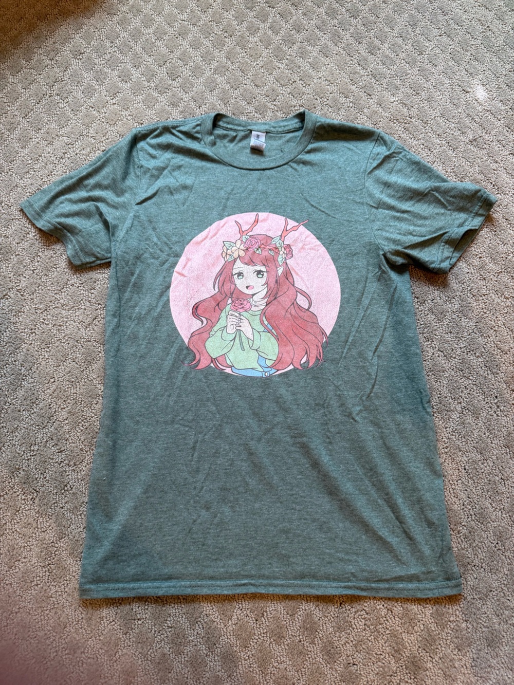 Gildan Green Kids Tee with Pink Anime Girl Graphic